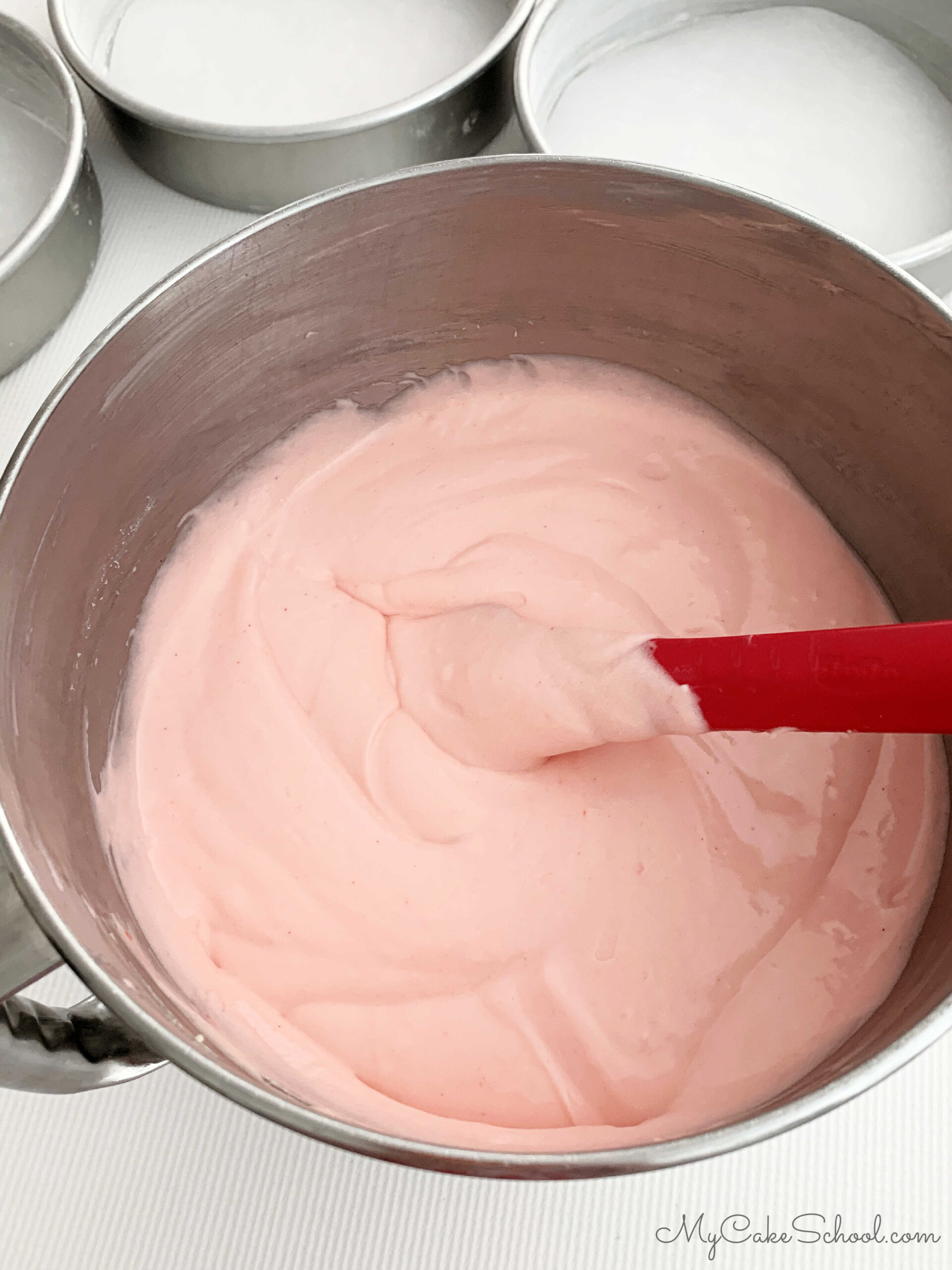 Pink Velvet Cake Batter in Mixing Bowl.