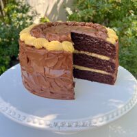 Sliced Chocolate Caramel Cake on a pedestal.