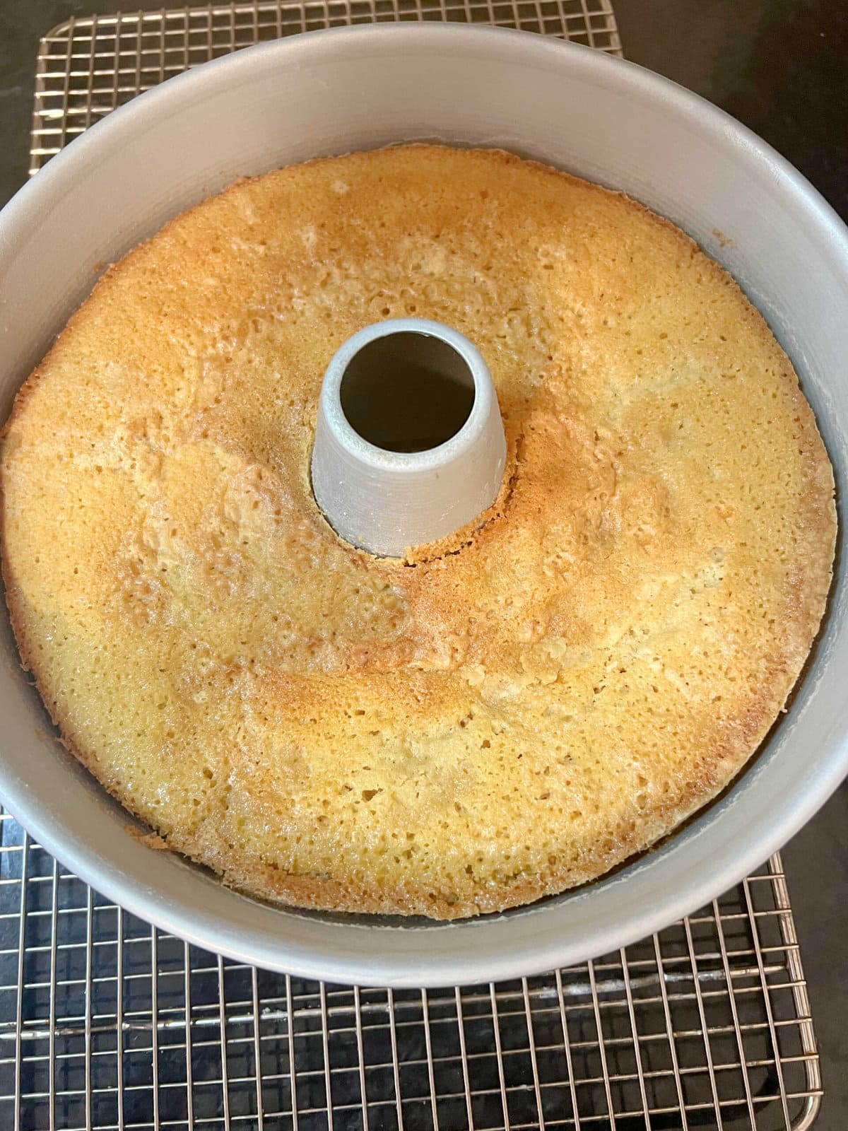 Cooling baked Maple Pound Cake on a wire rack.