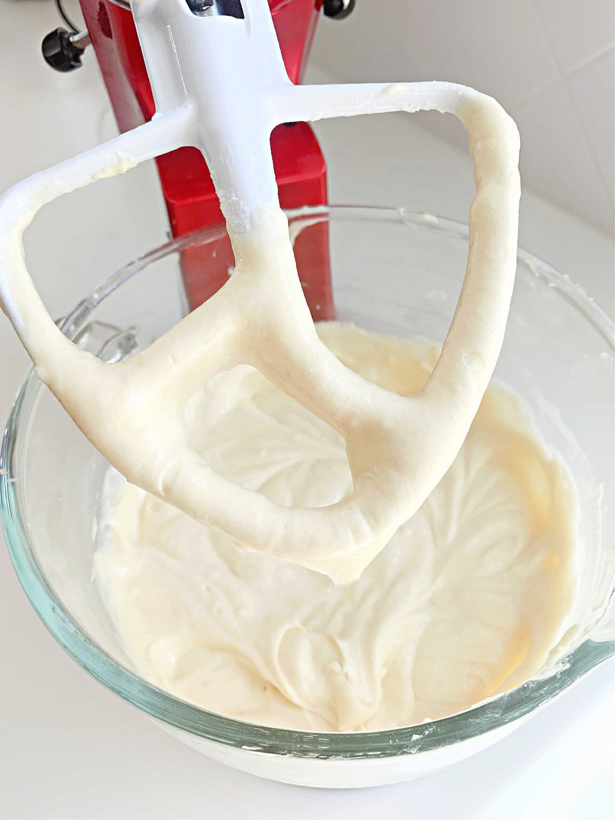 Mixing bowl of vanilla cupcake batter for snickerdoodle cupcakes.