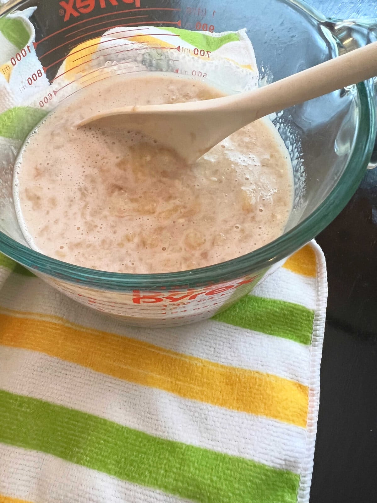 Mixture of mashed bananas, milk, and vanilla.