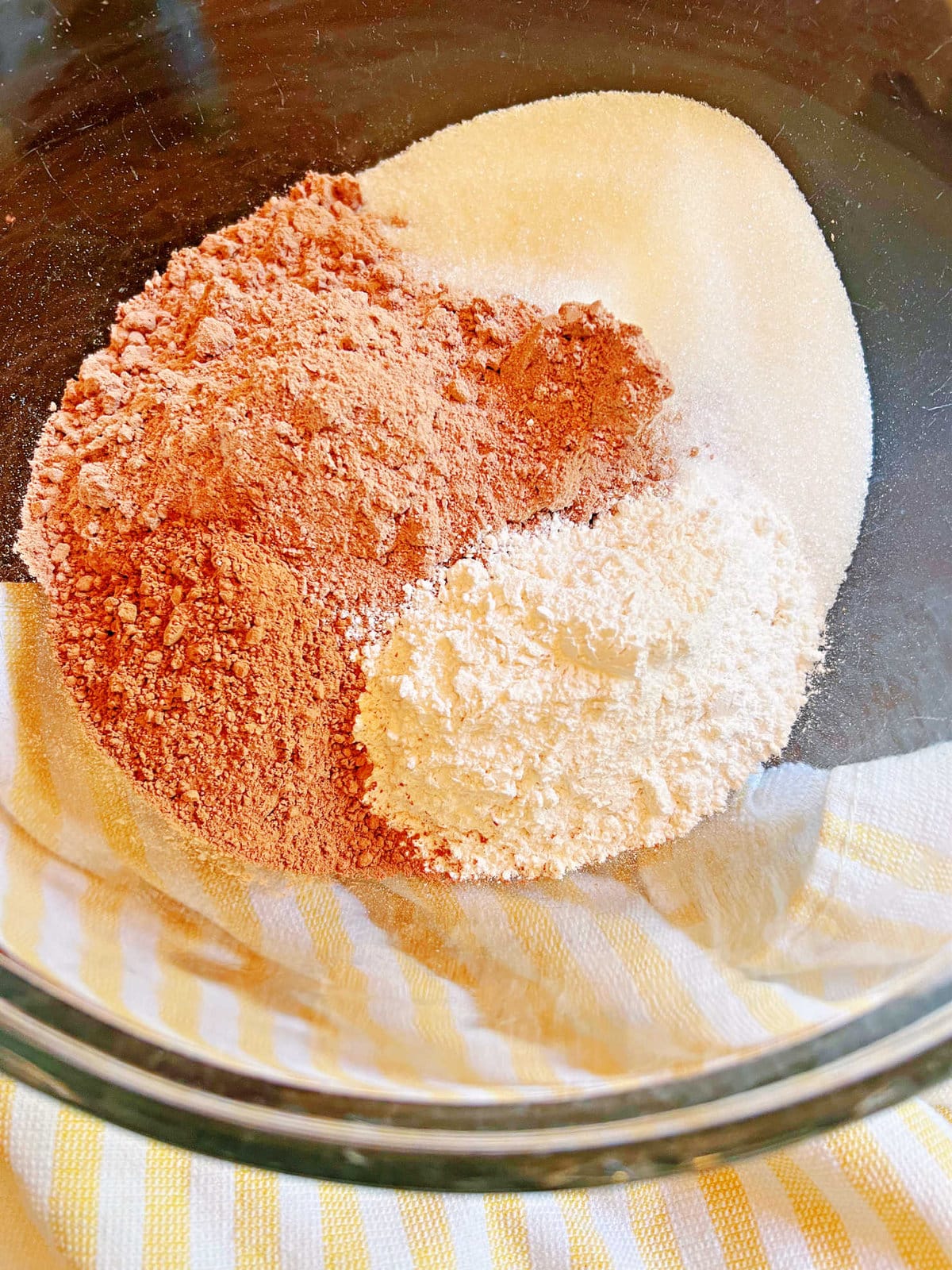 Brownie Cake Recipe dry ingredients in bowl.