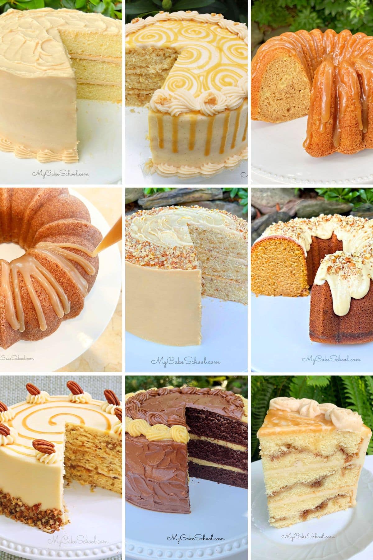 Photo grid of caramel cakes.