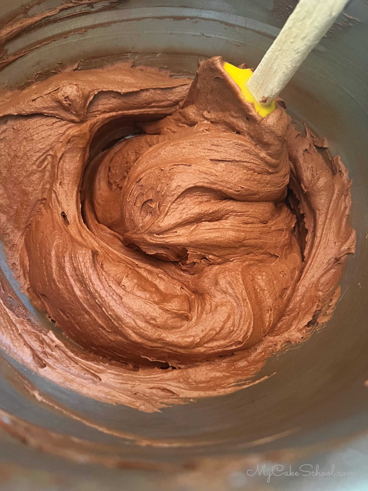 Chocolate Buttercream Frosting in mixing bowl. 