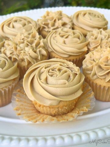 Platter of homemade caramel cupcakes with homemade caramel frosting.