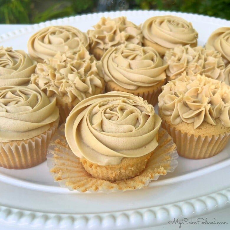 Platter of homemade caramel cupcakes with homemade caramel frosting.