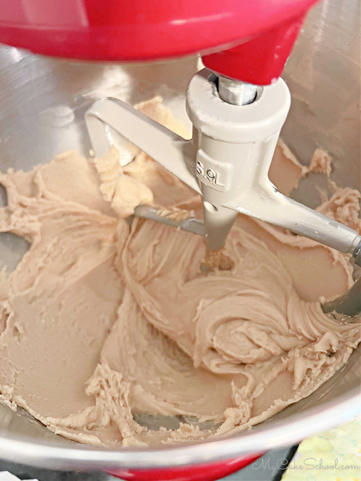 Mixing bowl of caramel frosting.