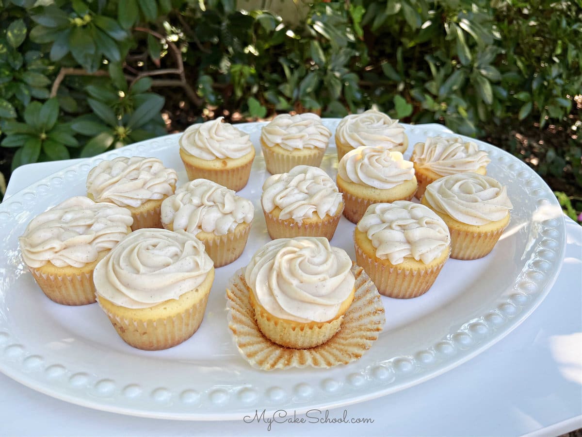 Platter of Snickerdoodle Cupcakes with Cinnamon Cream Cheese Frosting.
