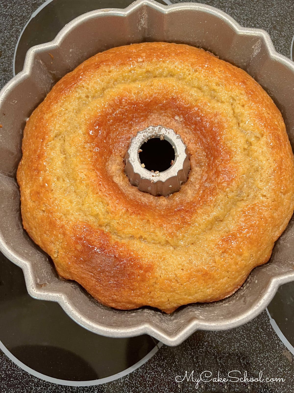 Freshly glazed Banana Rum Cake before removing from pan.