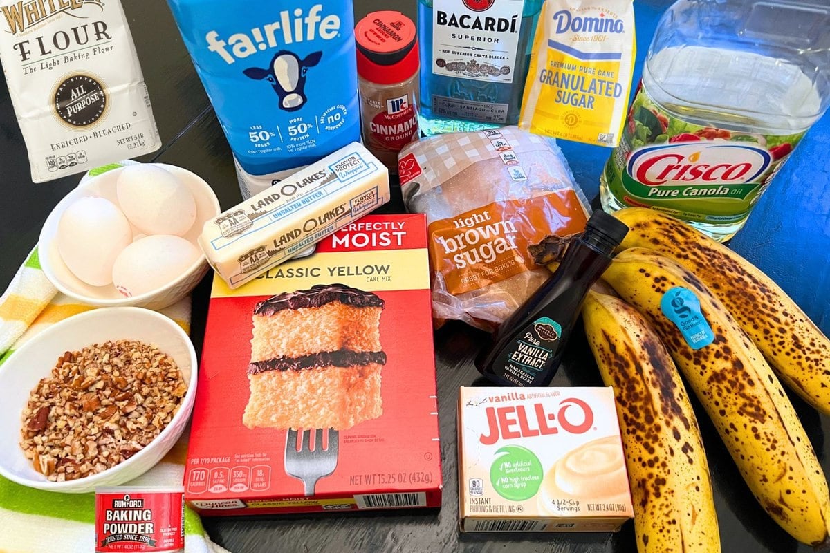 Banana Rum Cake ingredients on table.