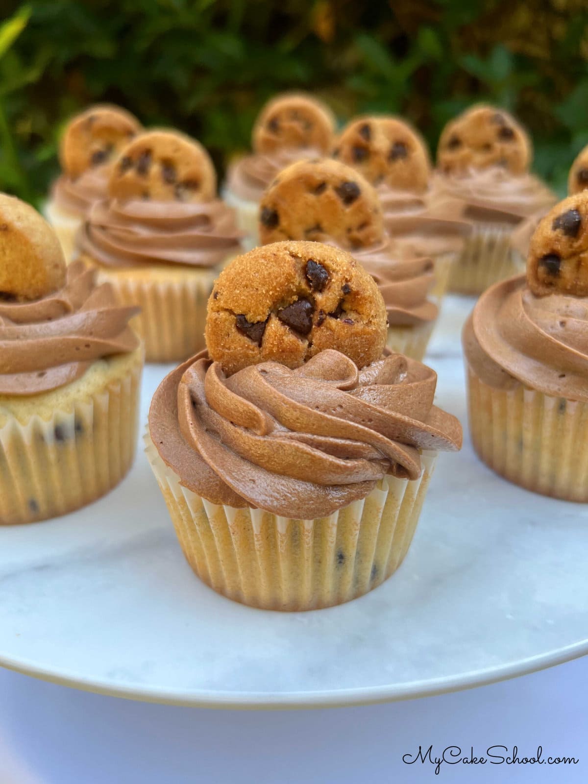 Chocolate Chip Cupcakes, topped with chocolate frosting and mini chocolate chip cookies.