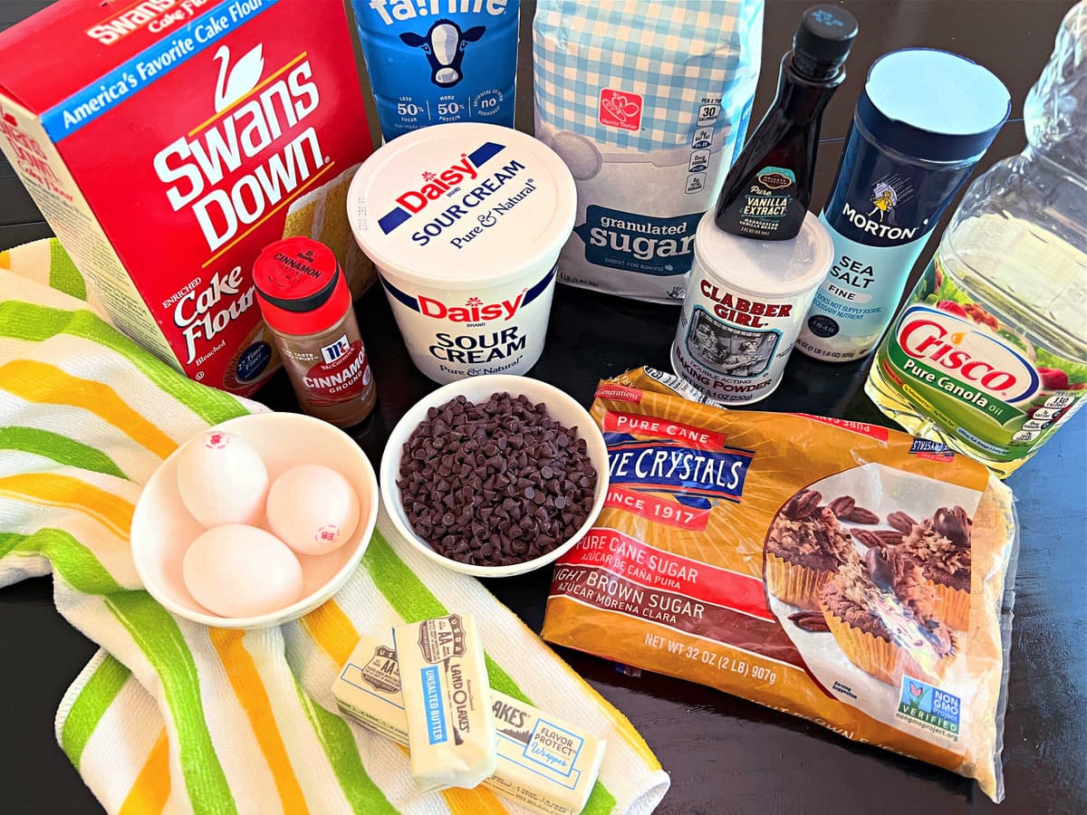 Ingredients for chocolate chip cupcakes.