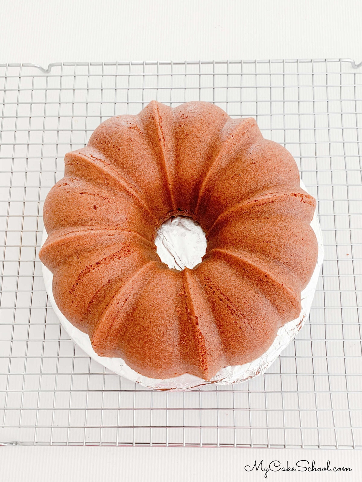 Freshly baked, unglazed Applesauce Bundt Cake on pedestal.