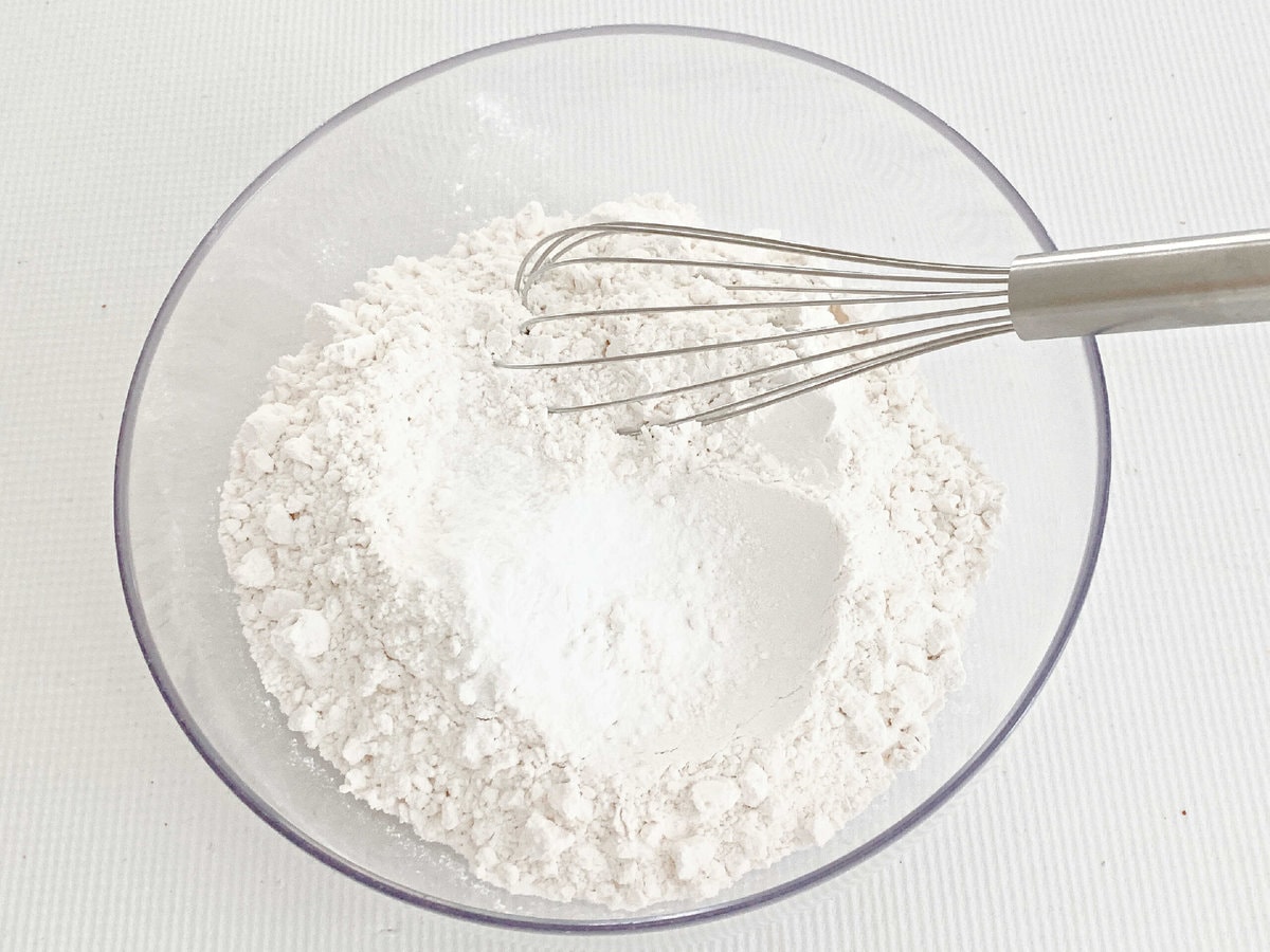 Bowl of dry ingredients for the snickerdoodle bundt cake.