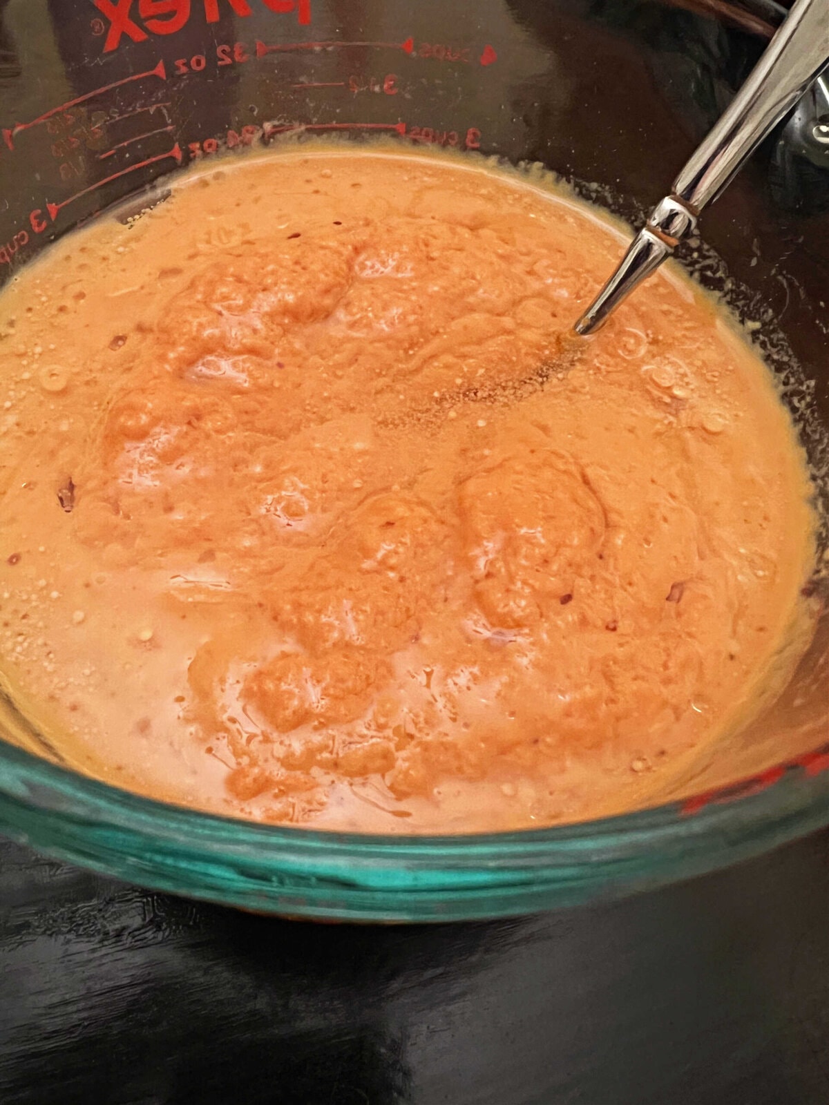 Wet ingredients for Pumpkin Bundt Cake.