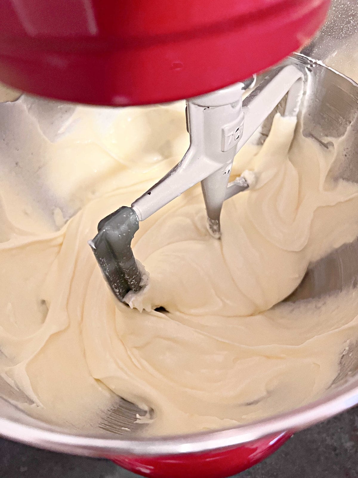 Batter after adding the eggs to the butter, cream cheese, and sugar mixture.