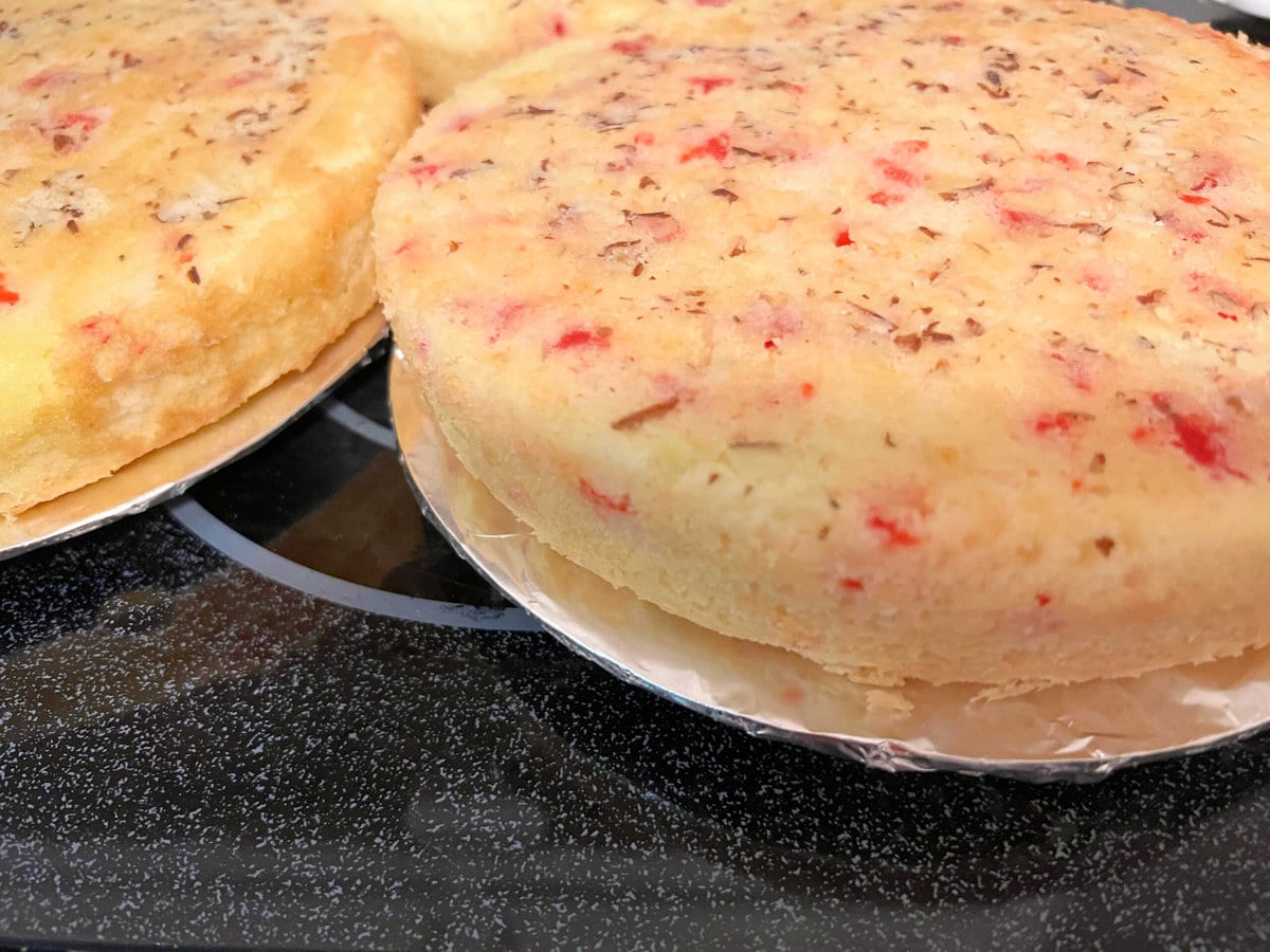 Freshly baked Cherry Almond Cake Layers. 