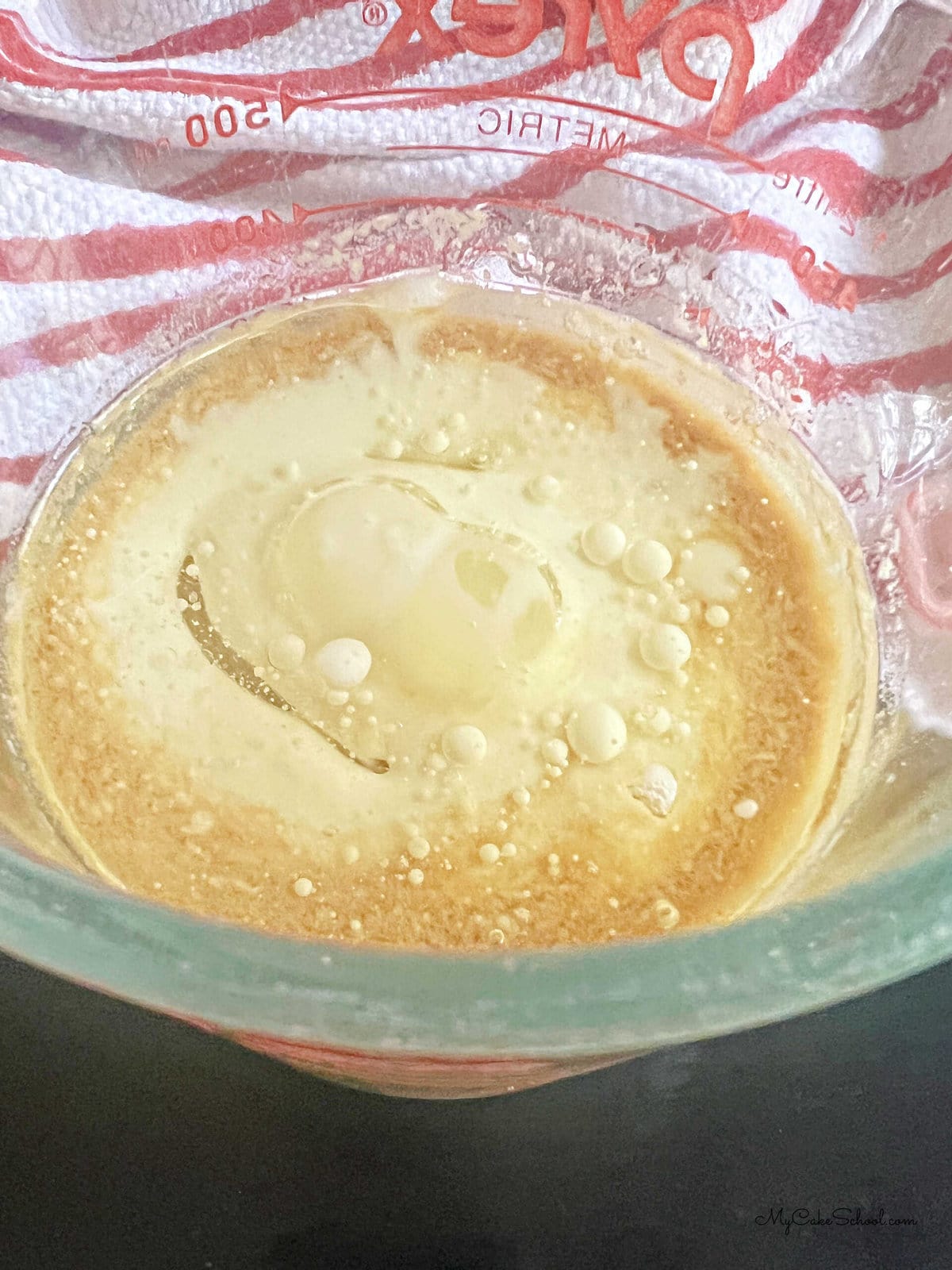 Wet ingredients for peppermint bundt cake.