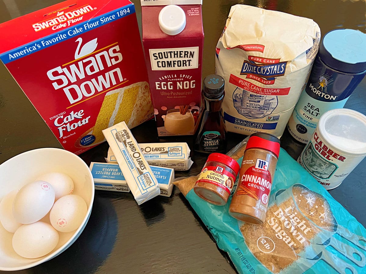 Caramel Eggnog Pound Cake ingredients sitting on kitchen table.