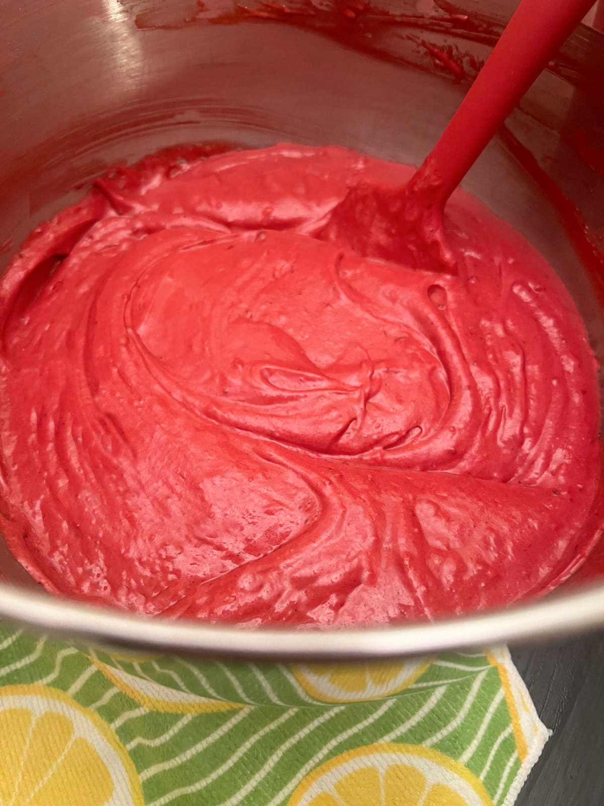 Red Velvet Cake Batter in mixing bowl.