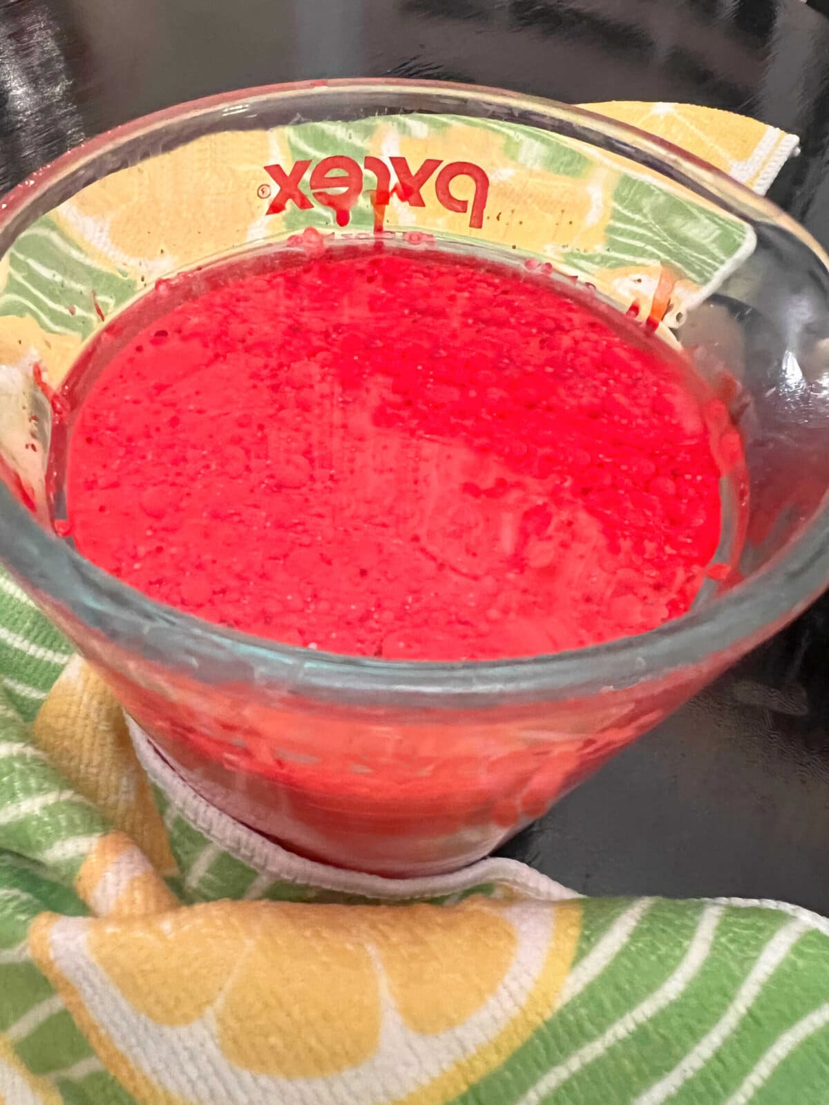 Wet ingredients for Red Velvet Cake.