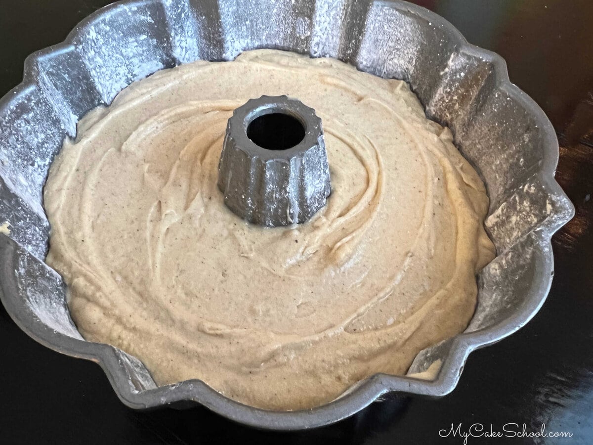 Caramel Eggnog Pound Cake Batter in Bundt Pan.