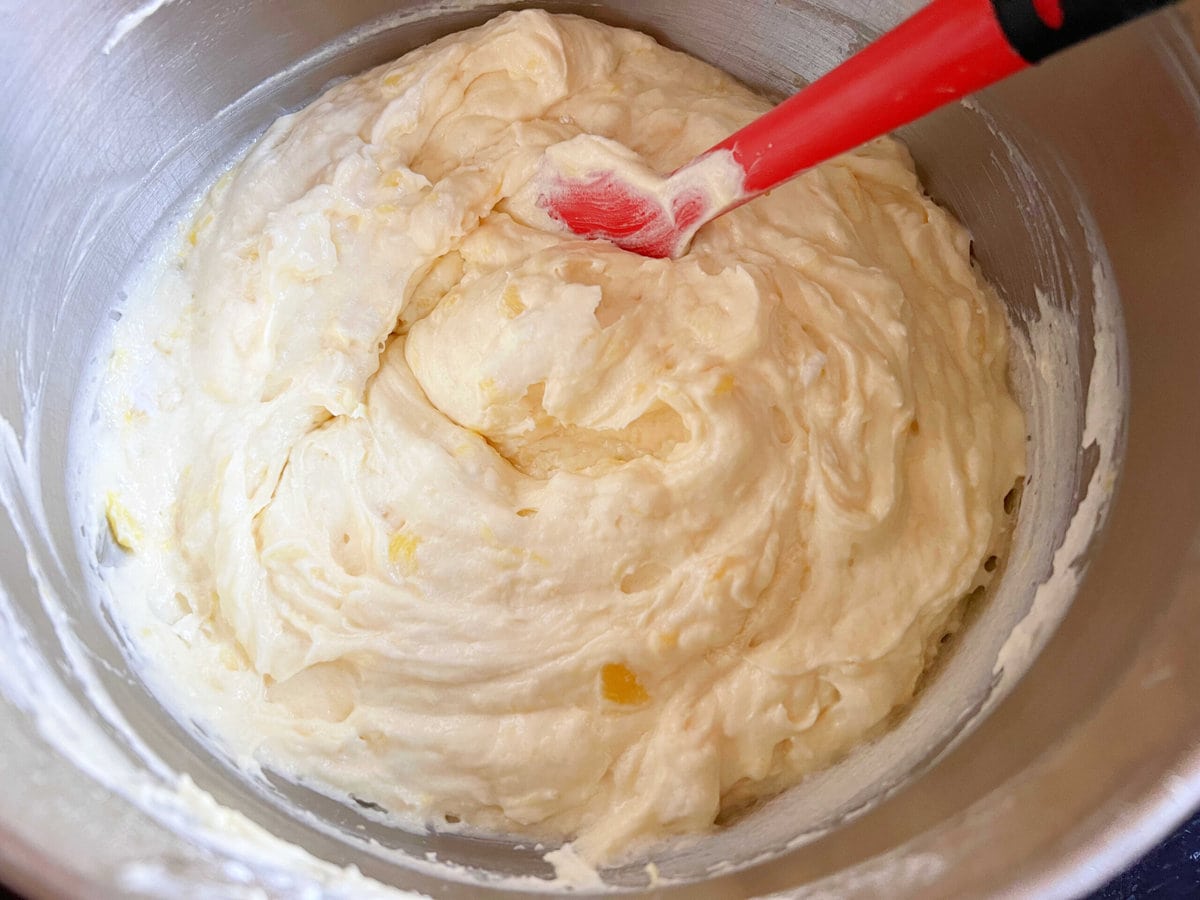 Pina colada pound cake batter in mixing bowl