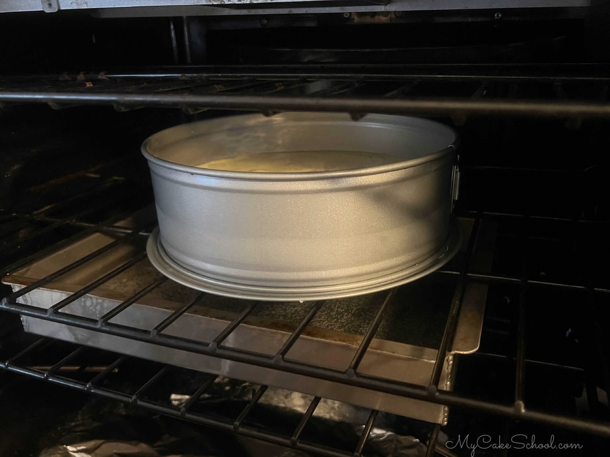 Cheesecake layer in a springform pan in the oven, with a pan of water beneath.