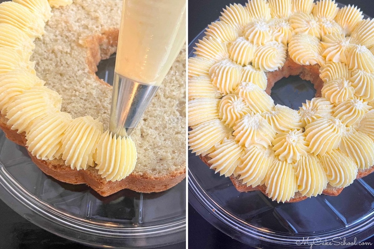 Adding the vanilla pudding filling to the bottom layer of the split bundt cake.