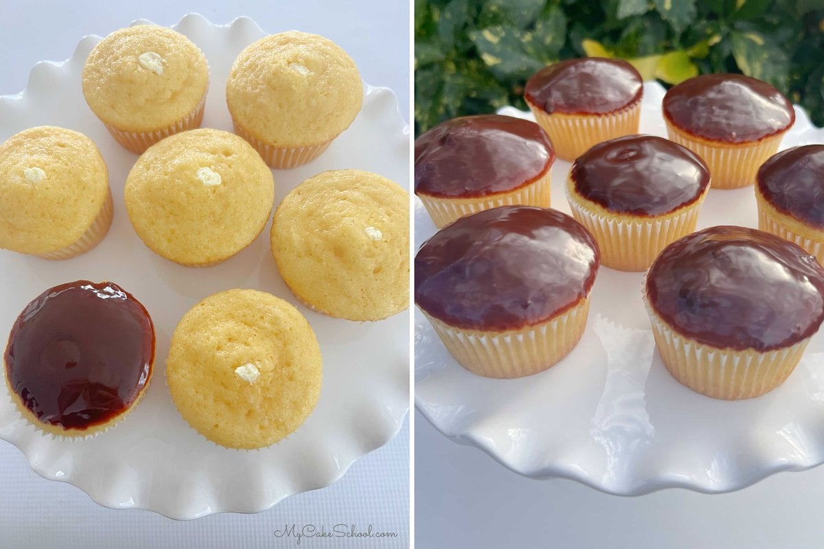 Boston cream cupcakes on platter.