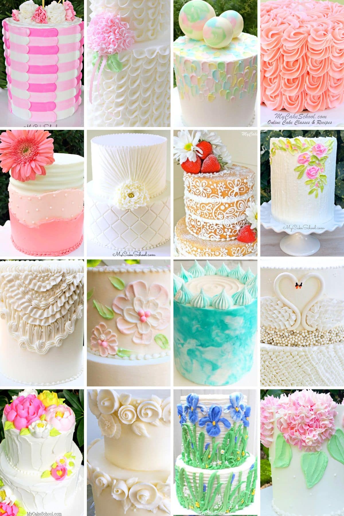Photo grid of favorite buttercream cake design tutorials.