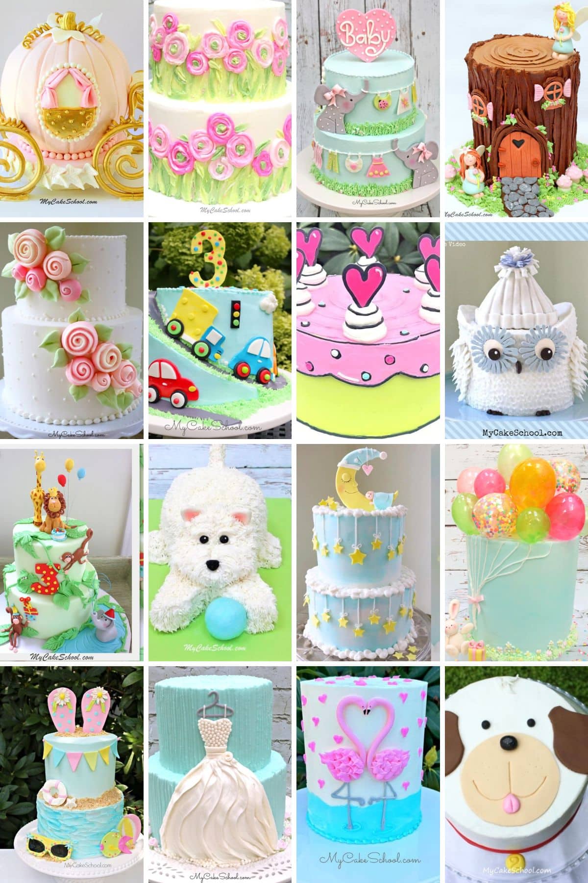 Collage of cute cake designs from our site.