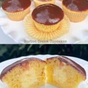 Boston cream cupcakes on platter, one is sliced.