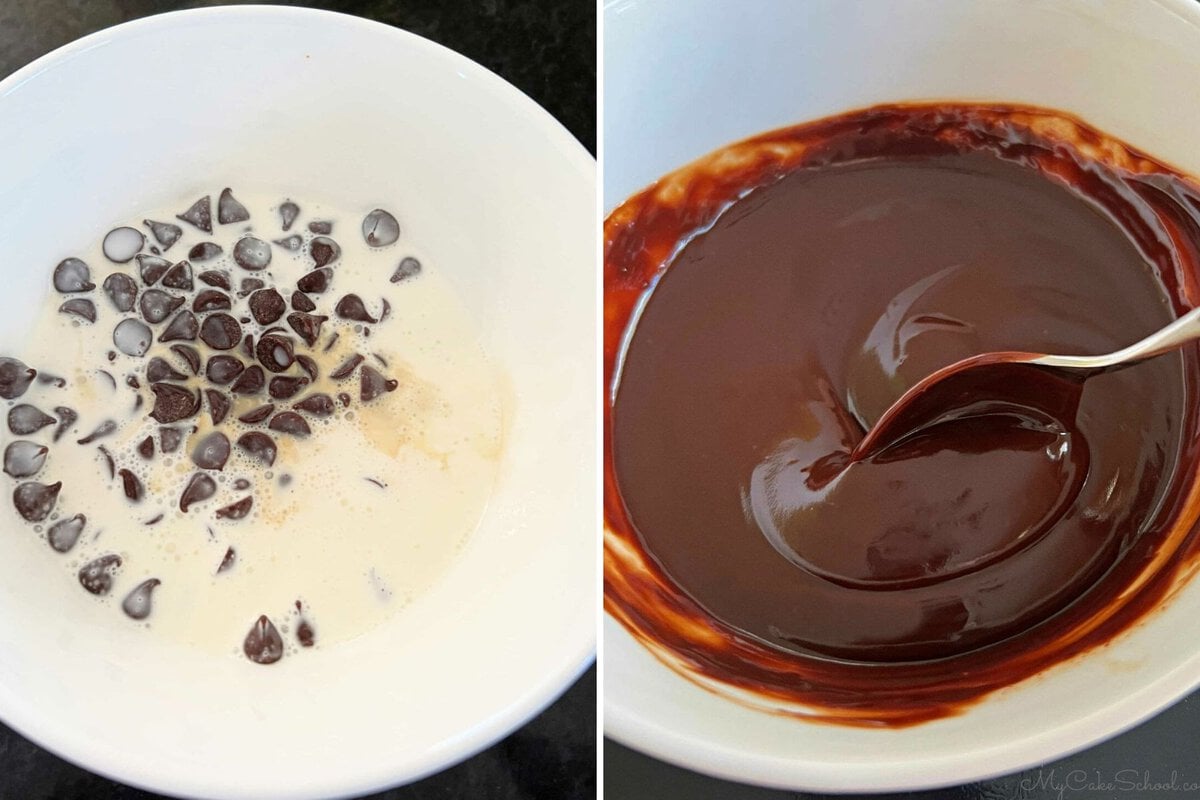 photo grid of chocolate chips and cream in a bowl, and the finished ganache.