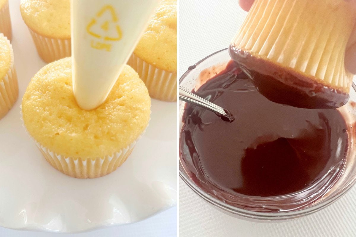 Filling and glazing Boston Cream Cupcakes. Photo grid.