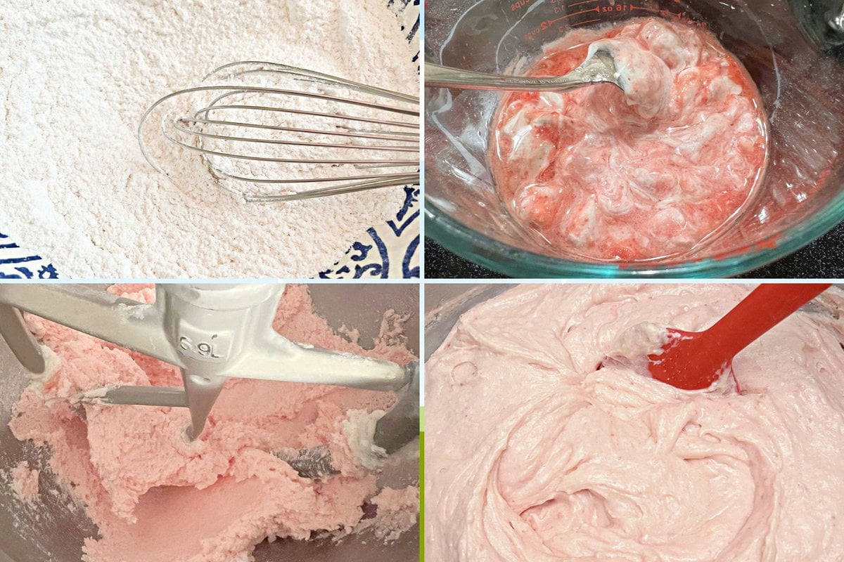 Photo grid of four photos taken during the preparation of the strawberry cake batter.