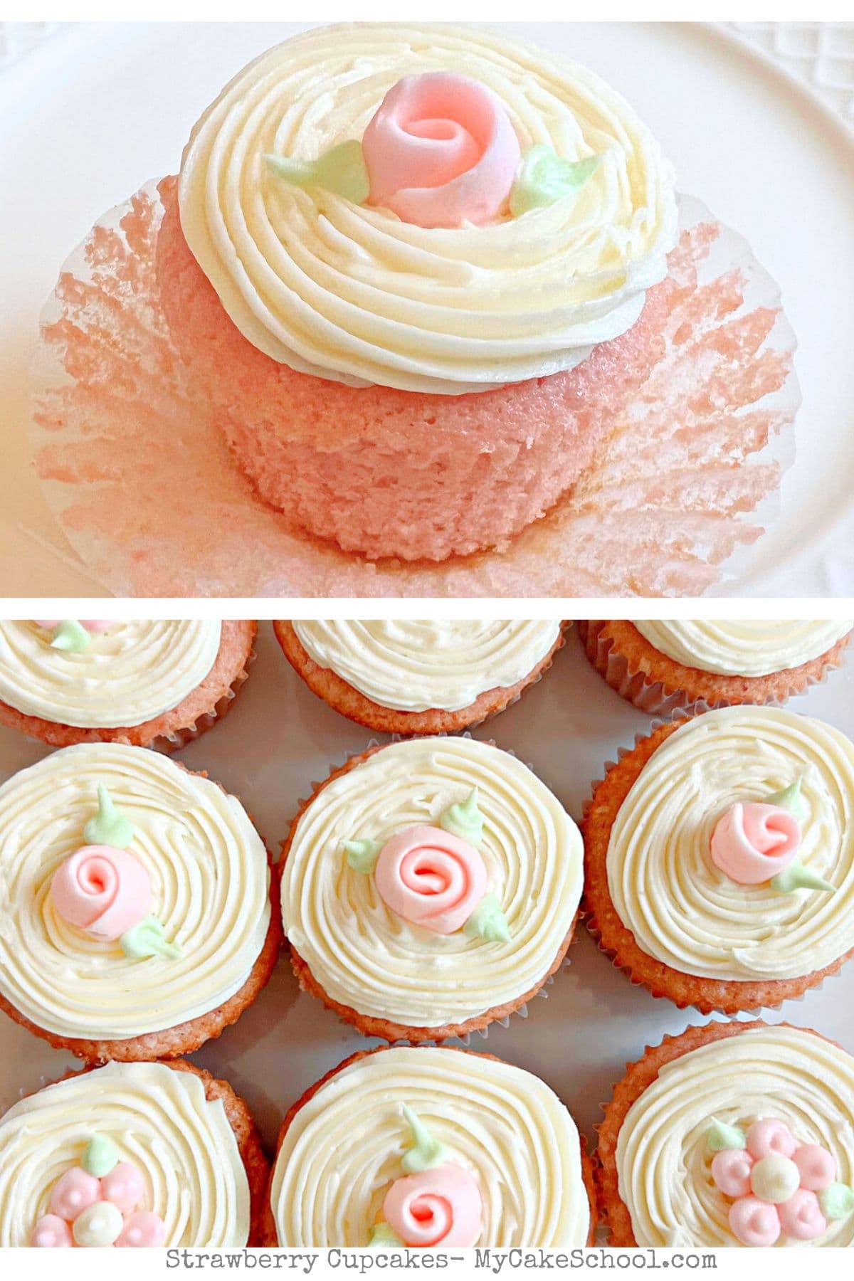 Photo grid of Strawberry Cupcakes from scratch.