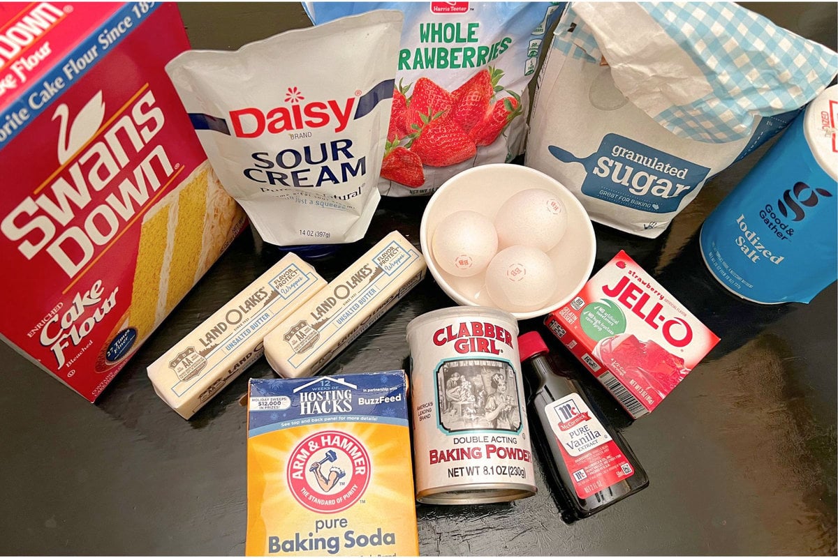 Strawberry Sheet Cake ingredients on table.