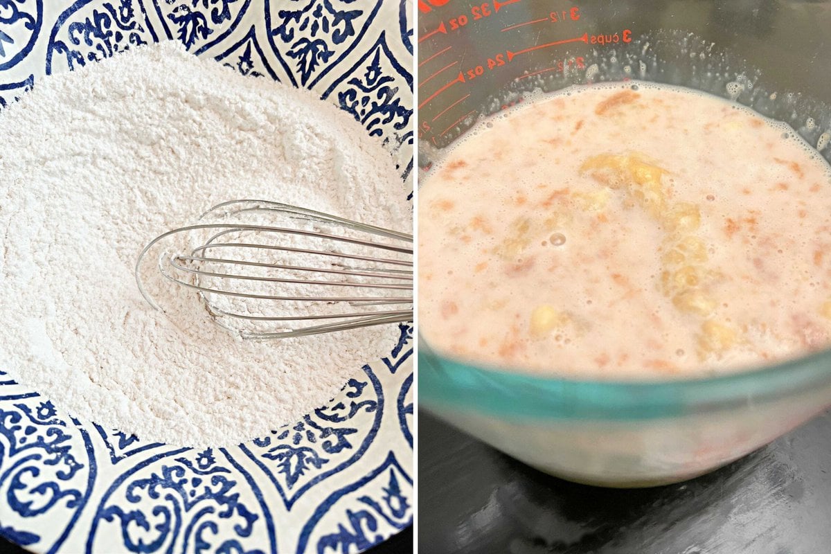 Dry and wet ingredients in bowls for banana pudding bundt cake.