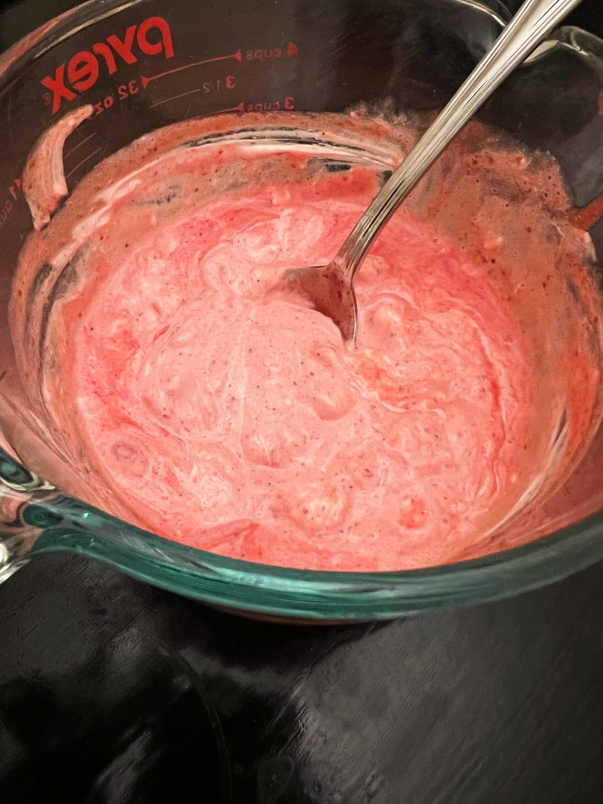 Combined wet ingredients for Strawberry Sheet Cake.