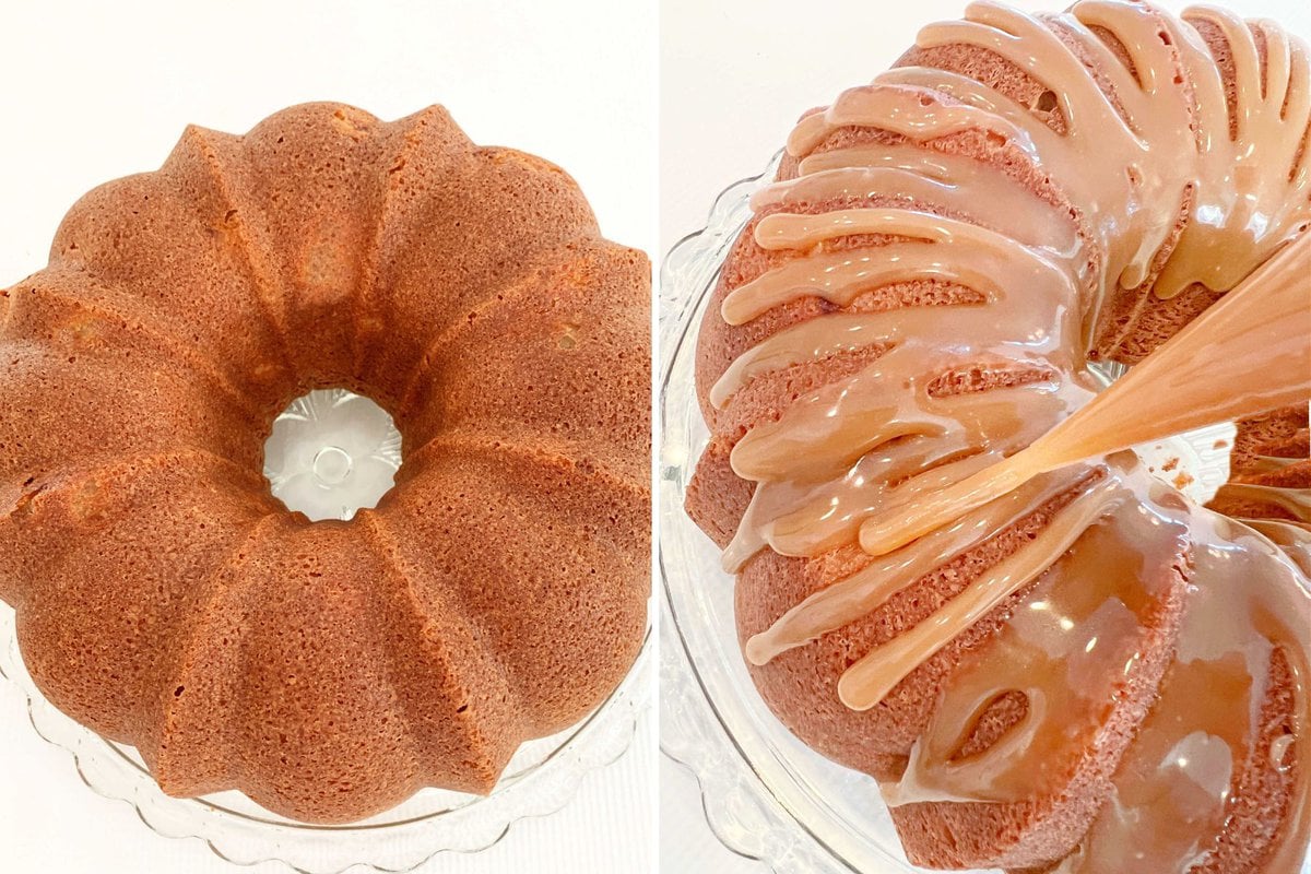 Adding caramel glaze to the pear bundt cake.