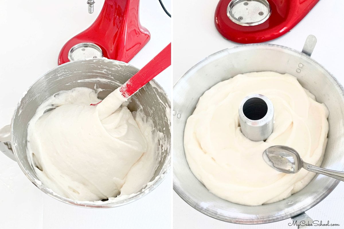 Two photos- One of Angel food cake batter in mixing bowl, the other of it in the tube pan.