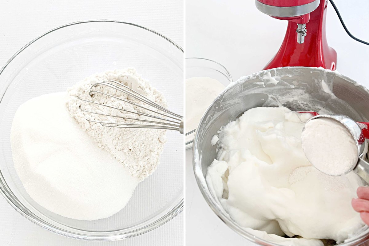 Mixing batter for Angel Food Cake.