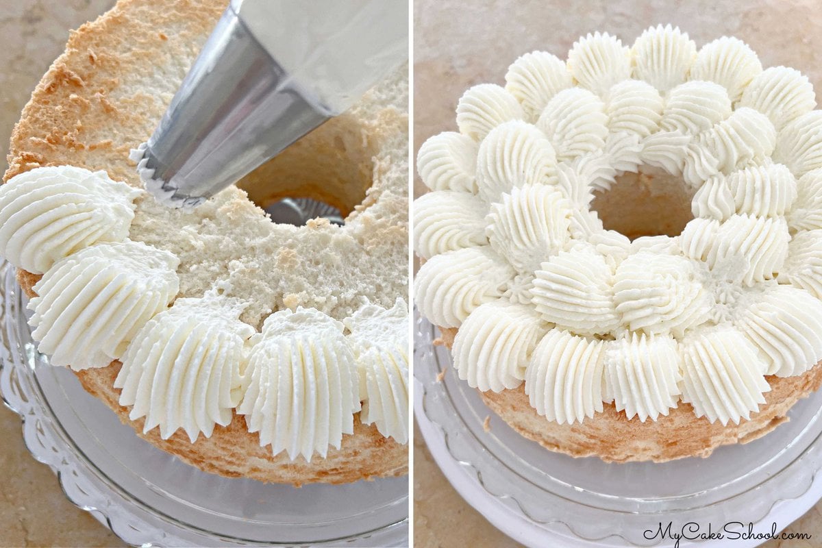 Piping whipped cream on top of the cooled angel food cake using a french tip 869.