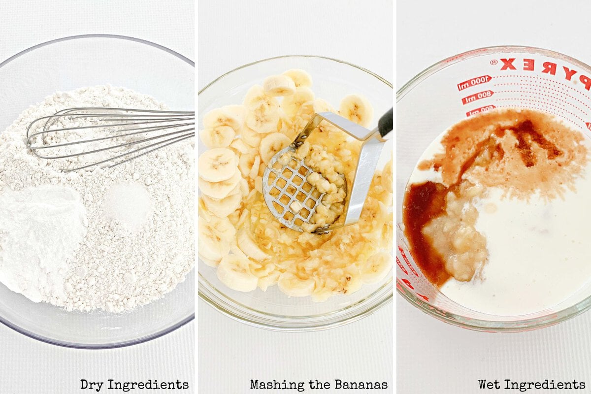 Photo grid of wet ingredients, mashed bananas, and dry ingredients.