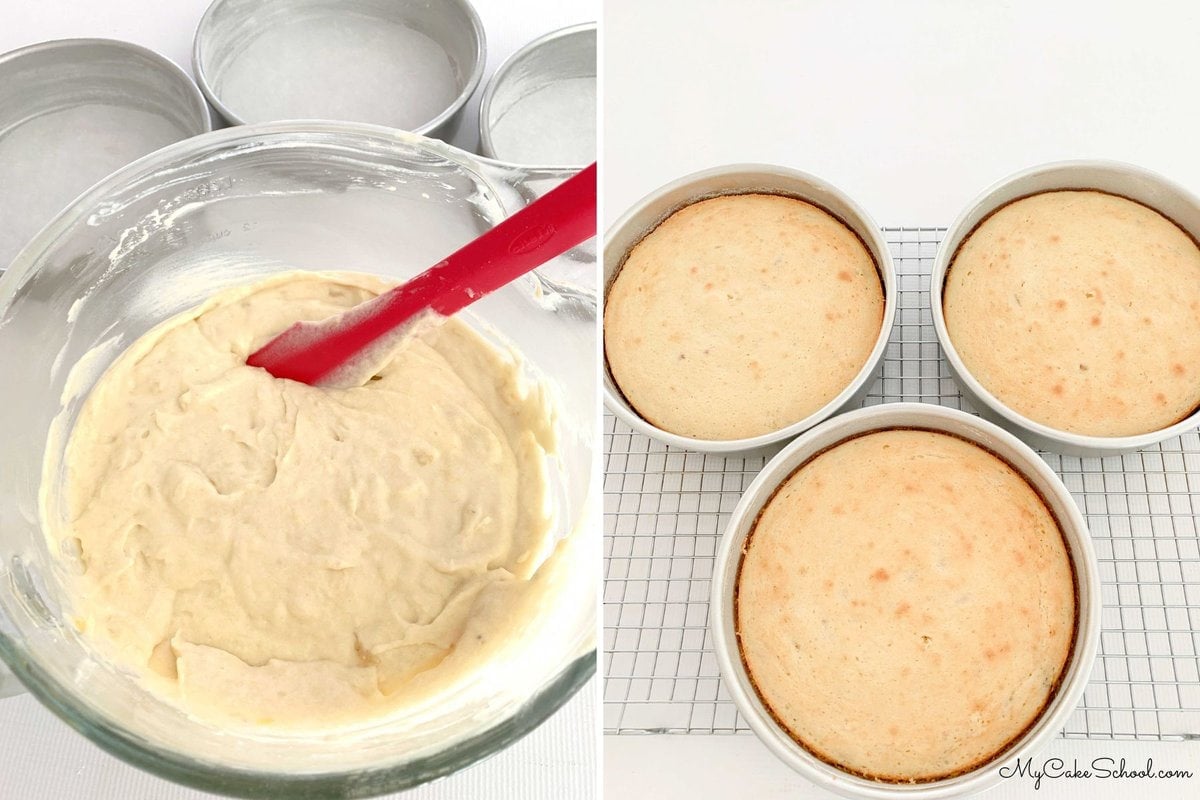 Two photos- one of the banana cake batter in a bowl, the other in the three cake pans.