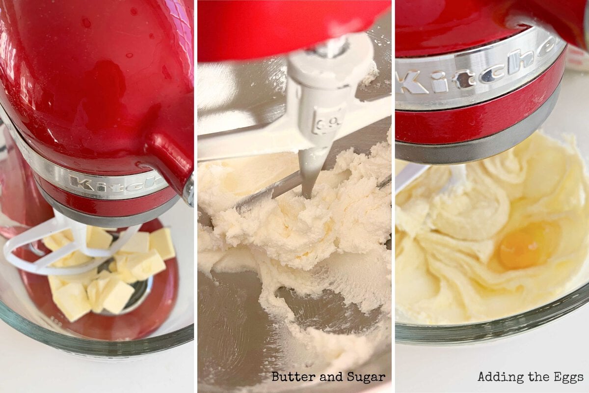 Photo grid of creaming butter and sugar and adding eggs.