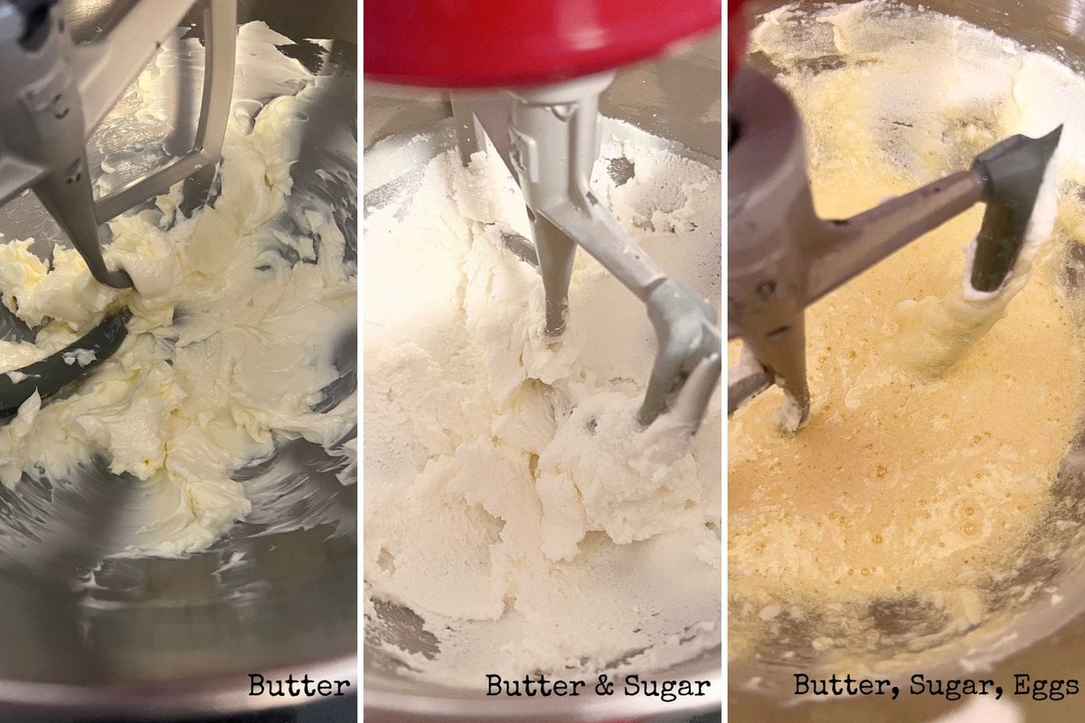 Photo Grid of butter in mixing bowl, then creamed butter and sugar, and then butter, sugar, and eggs.