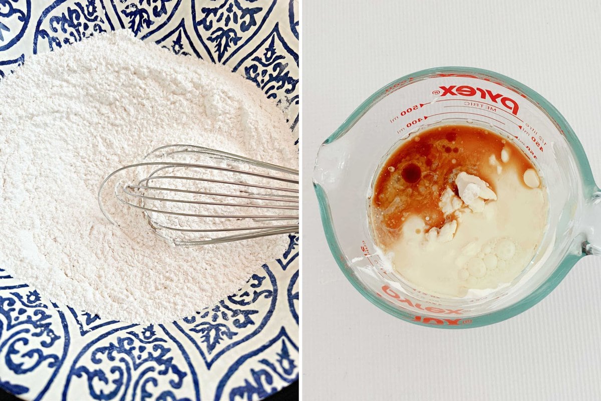 Photo grid of bowl of dry ingredients, and measuring cup of wet ingredients.