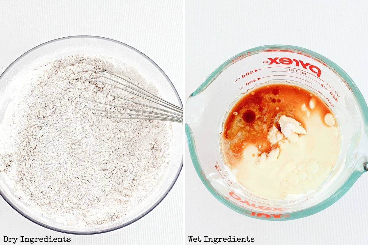 Two photos- one of dry ingredients in a bowl with a whisk, one of wet ingredients in a measuring cup.